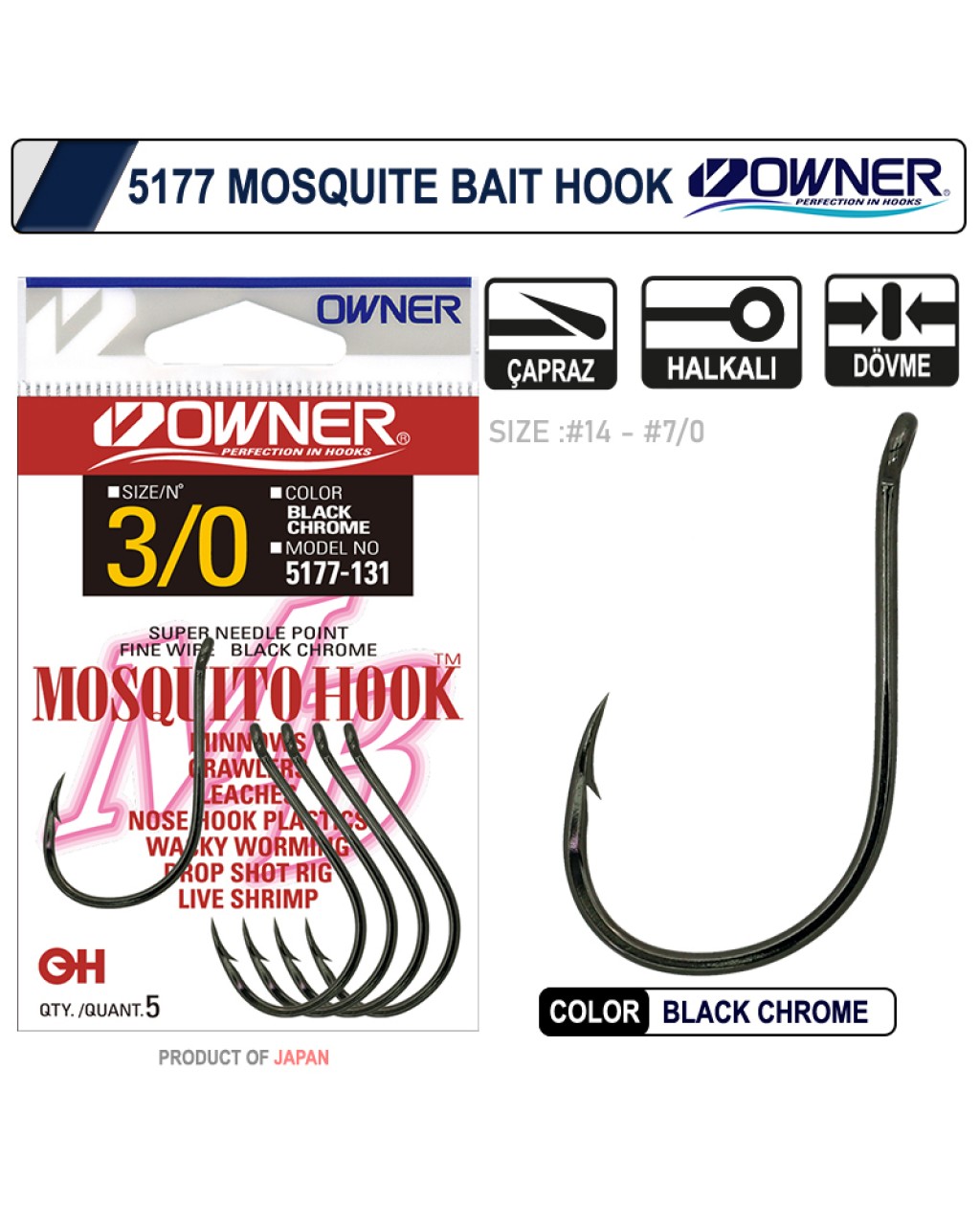 Owner 5177 Mosquito Hook Black Chrome Sinek İğne no:2