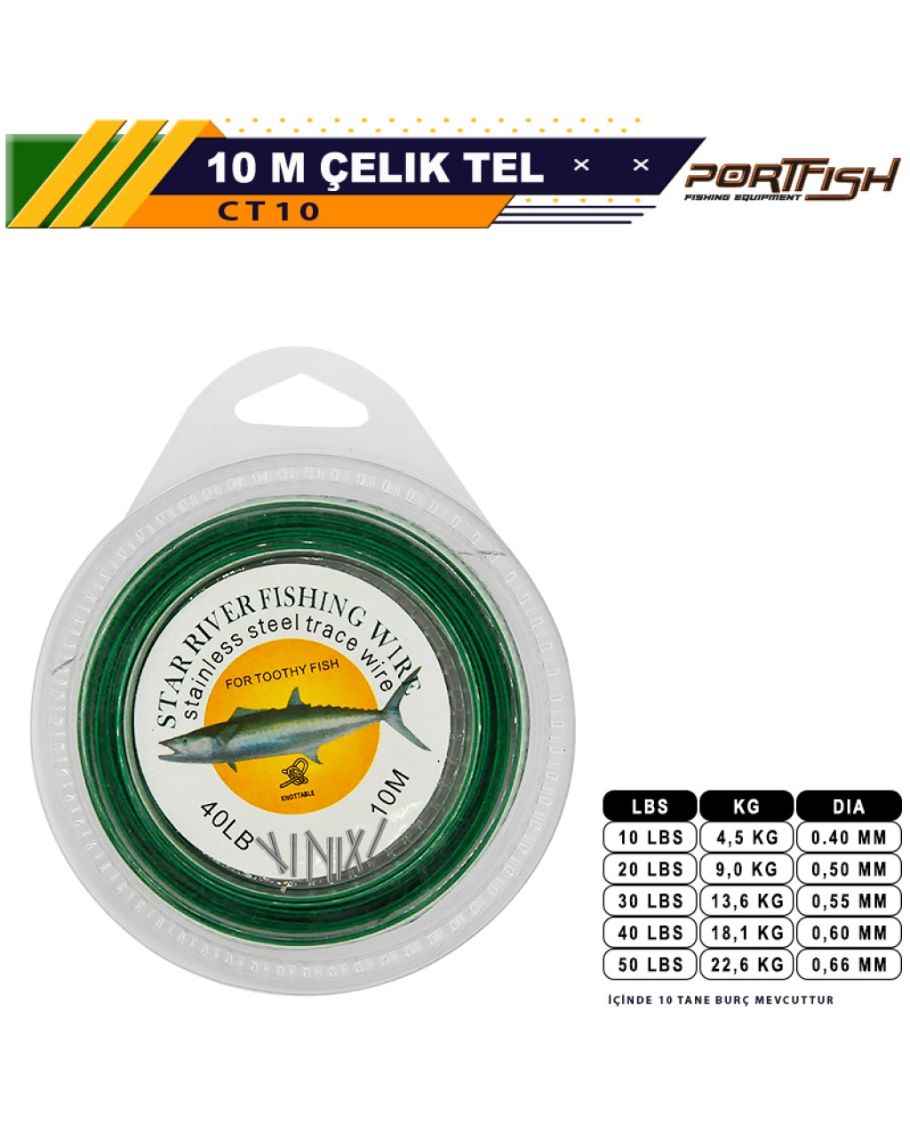 Portfish Çelik Tel 10 metre Gri 