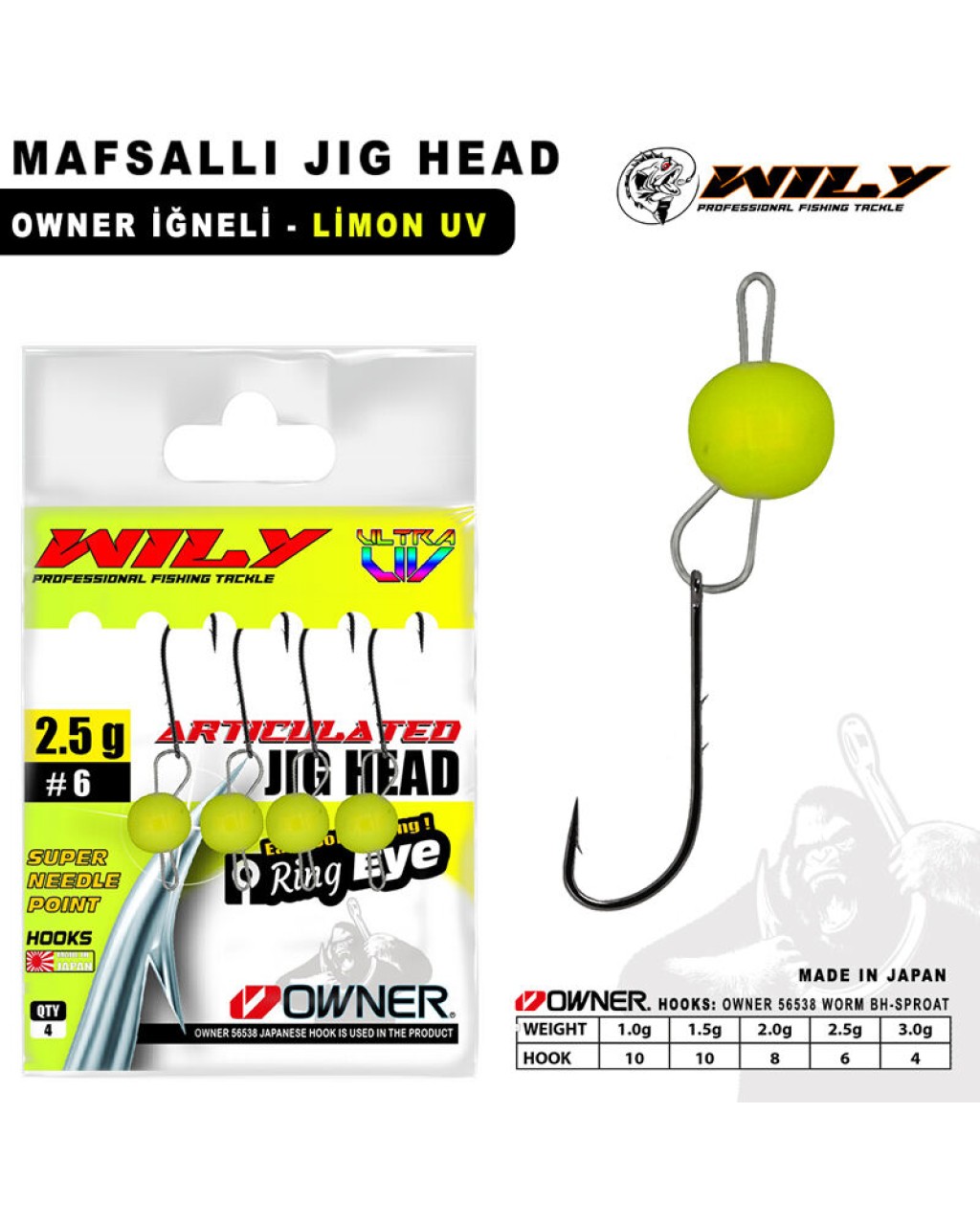 Wily Jig Head Mafsallı Owner İğneli - Limon Wily Jig Head Mafsallı Owner İğneli - Limon